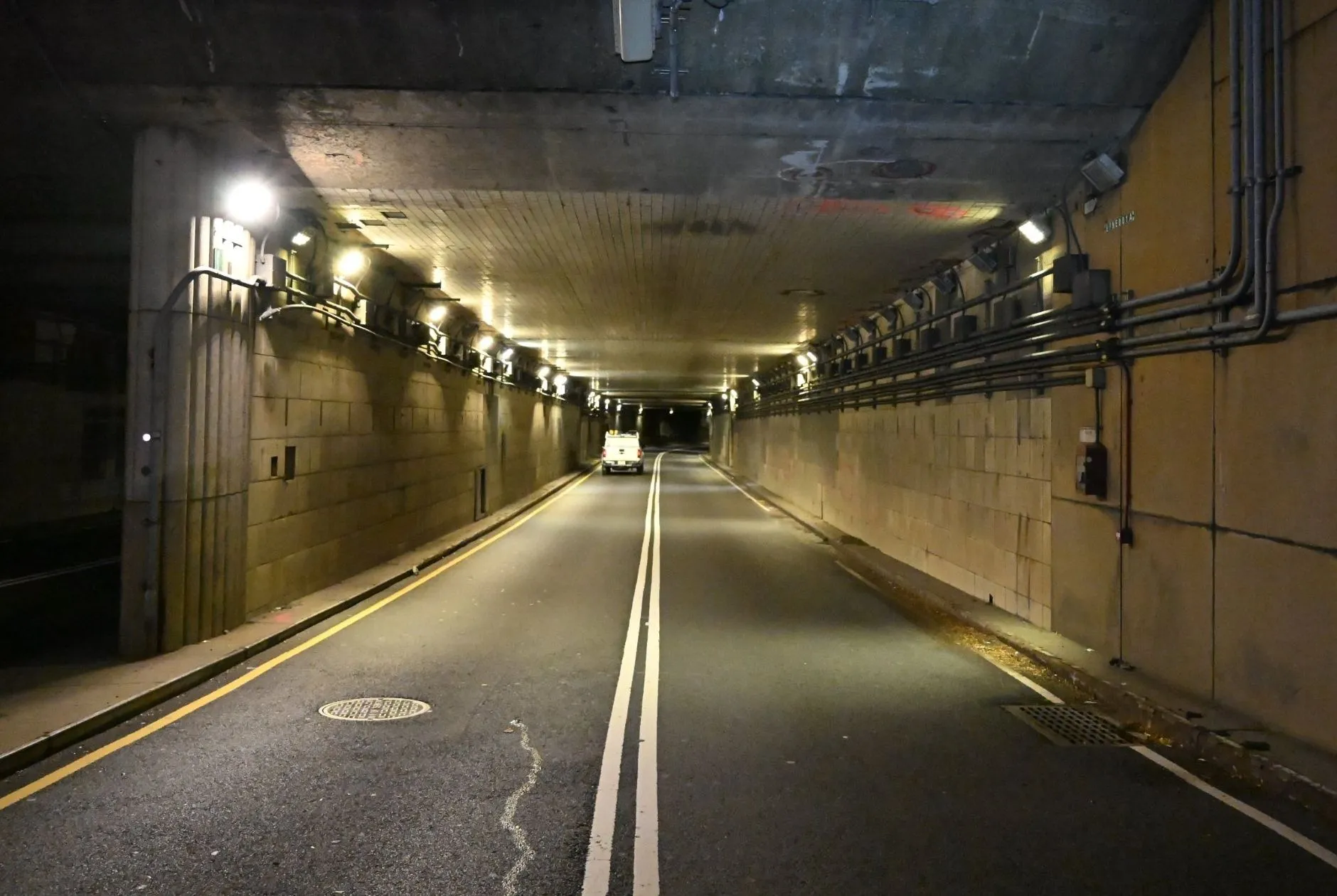 Tiled roadway tube of the Hugh L. Carey Tunnel beneath New York Harbor