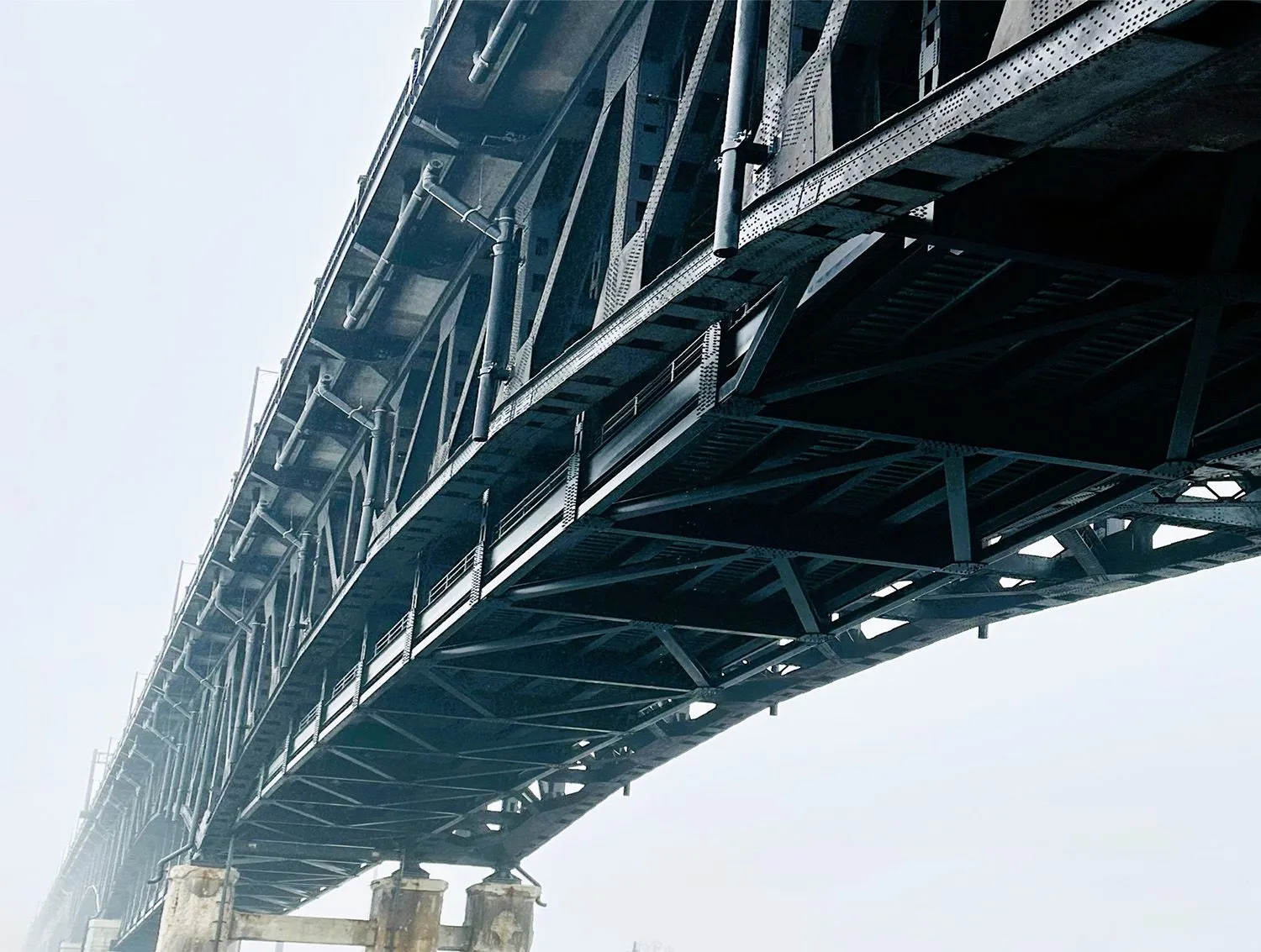 Black steel truss spans of the Pulaski Skyway carrying Route 1/9 over the Meadowlands